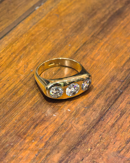 Vintage Diamond and 18 Carat Yellow Gold Three-Stone Gents Ring