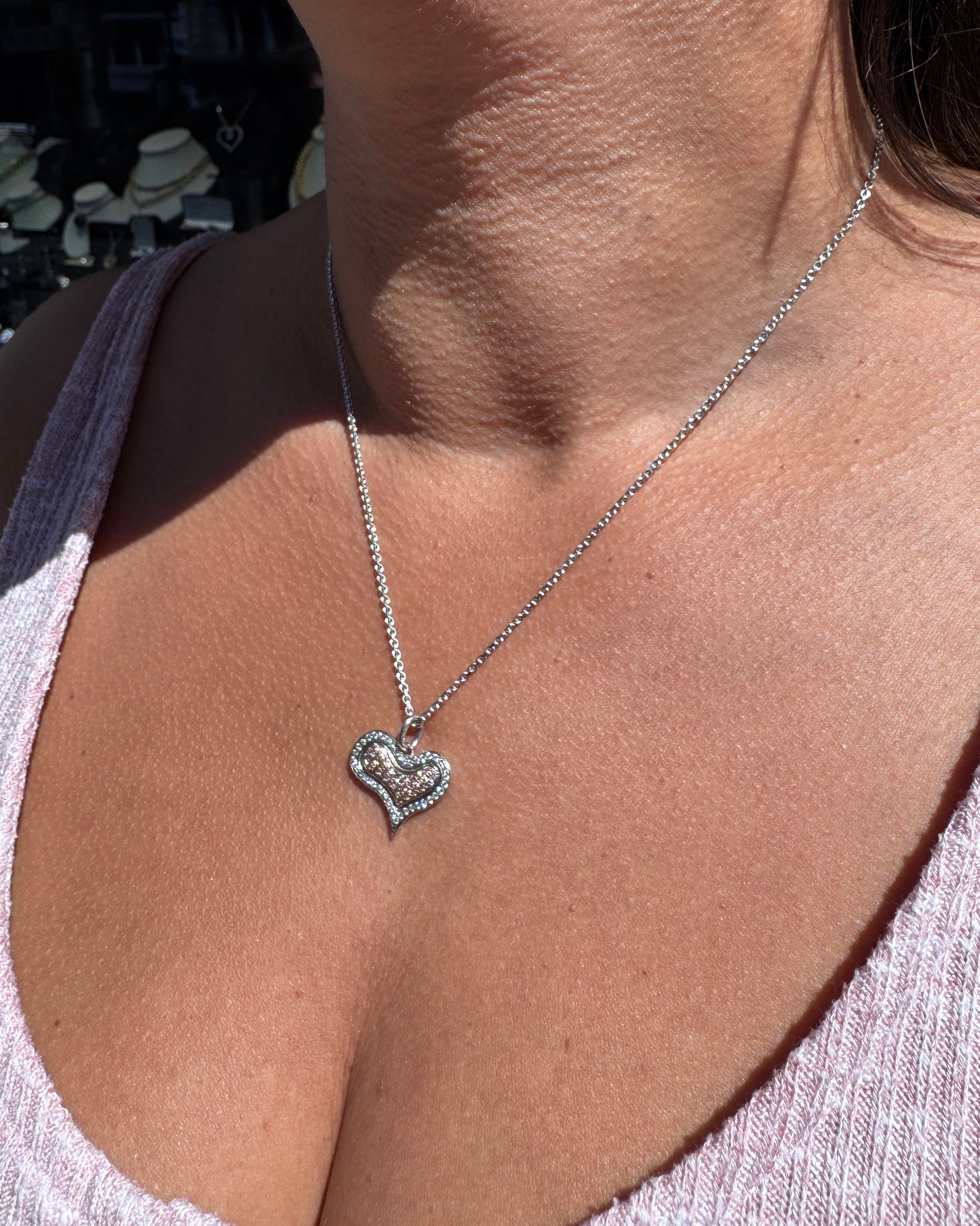 Pink & White Diamond 18 Carat Gold Stylised Heart Pendant and Chain