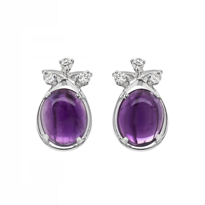 Vintage Oval Cabochon Amethyst and Diamond 18 Carat White Gold Stud Earrings