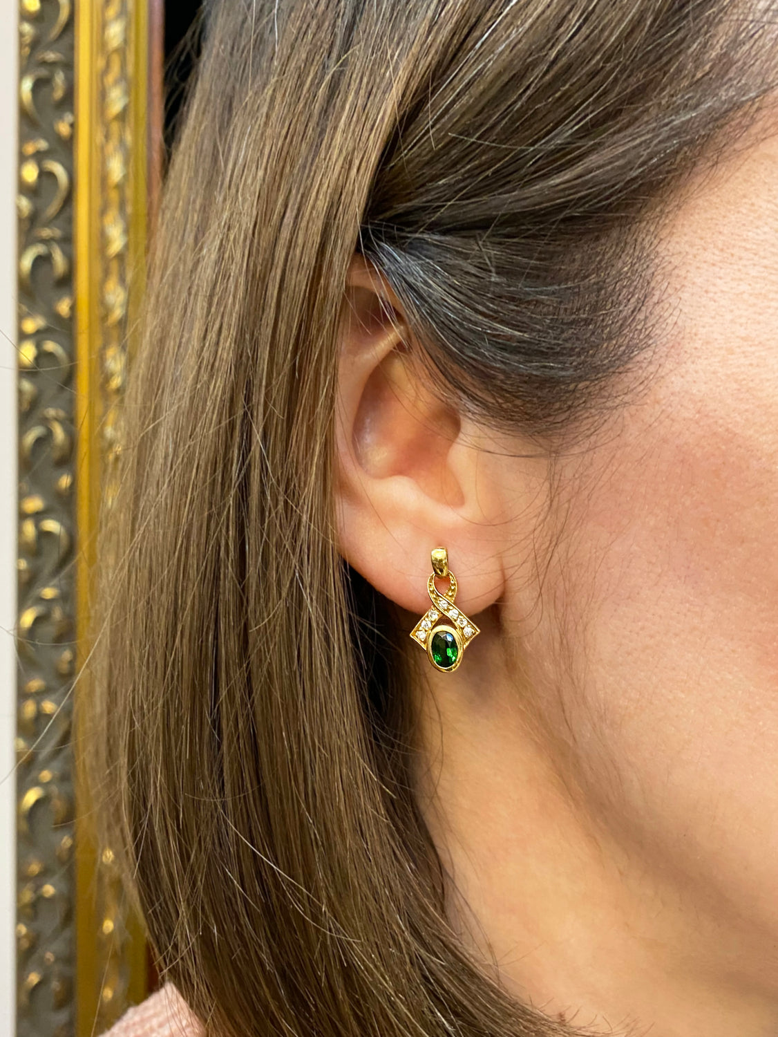 Vintage Green Tourmaline and Diamond 18 Carat Yellow Gold Dangle Earrings