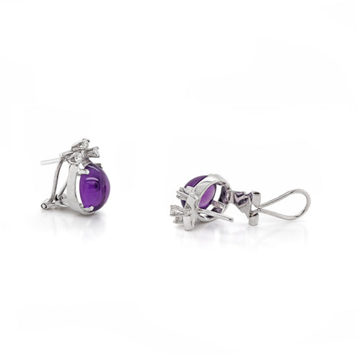 Vintage Oval Cabochon Amethyst and Diamond 18 Carat White Gold Stud Earrings