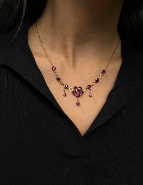 Murrle Bennett Antique Rose Garnet & Seed Pearl Bohemian 9K Yellow Gold Drop Necklace, c.1900s