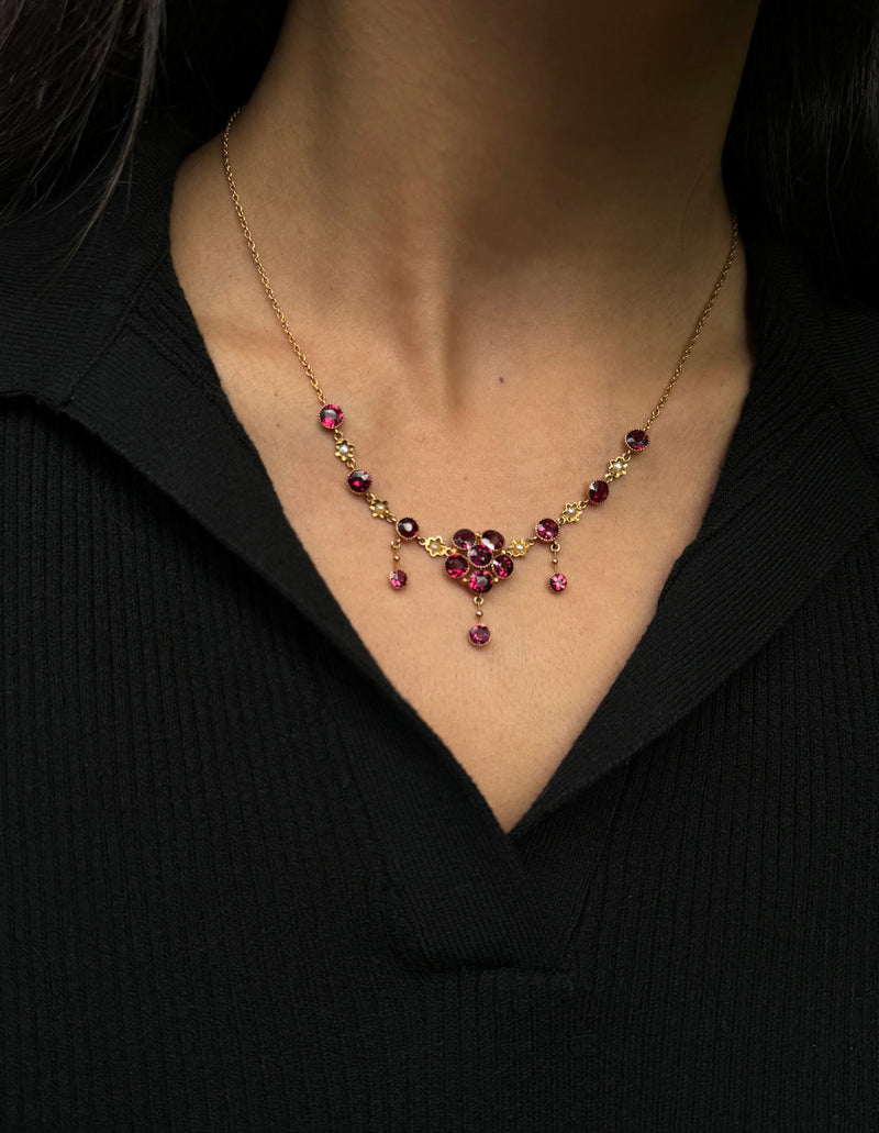 Murrle Bennett Antique Rose Garnet & Seed Pearl Bohemian 9K Yellow Gold Drop Necklace, c.1900s
