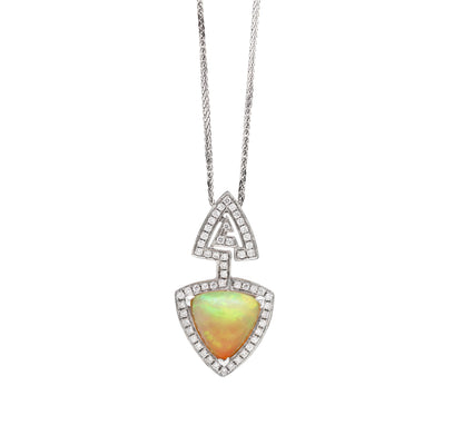 Ethiopian Triangle Cabouchon Opal and Diamond 18 Carat Gold Pendant and Chain