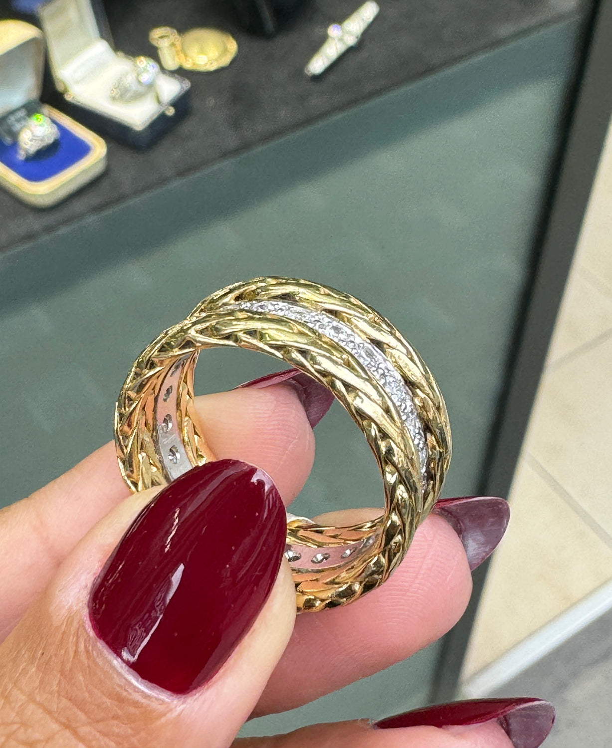 Diamond 18 Carat White and Yellow Gold Fancy Braided Wide Band Ring