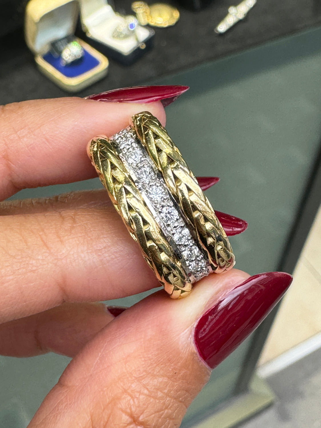 Diamond 18 Carat White and Yellow Gold Fancy Braided Wide Band Ring