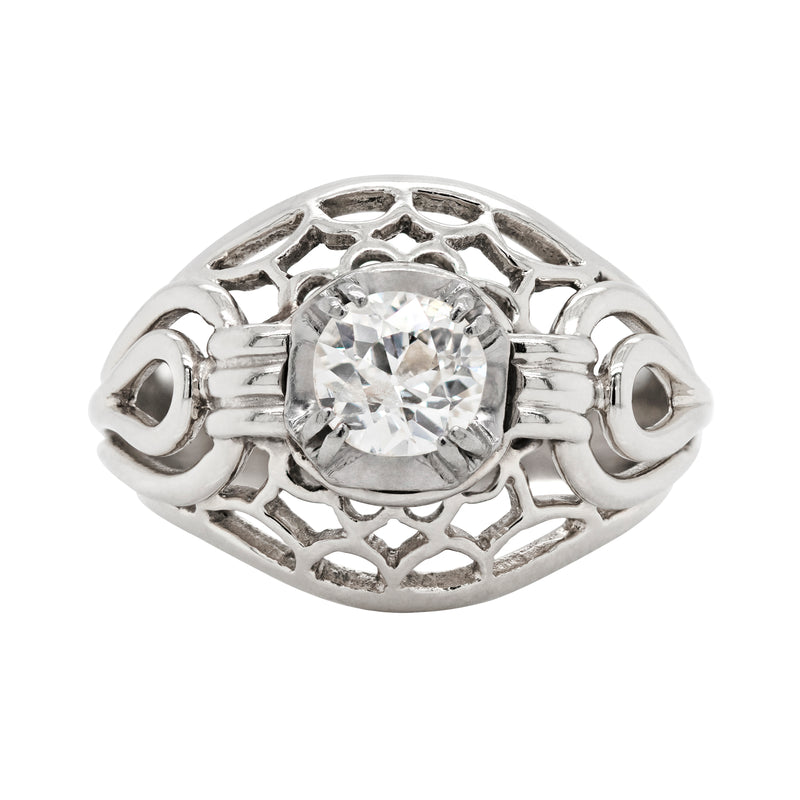 Vintage Old Cut Diamond 18 Carat White Gold Open Work Dome Cocktail Ring, Circa 1950