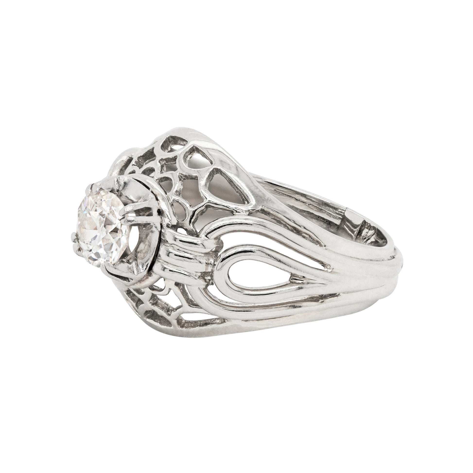 Vintage Old Cut Diamond 18 Carat White Gold Open Work Dome Cocktail Ring, Circa 1950 - Tobi Gem Setting