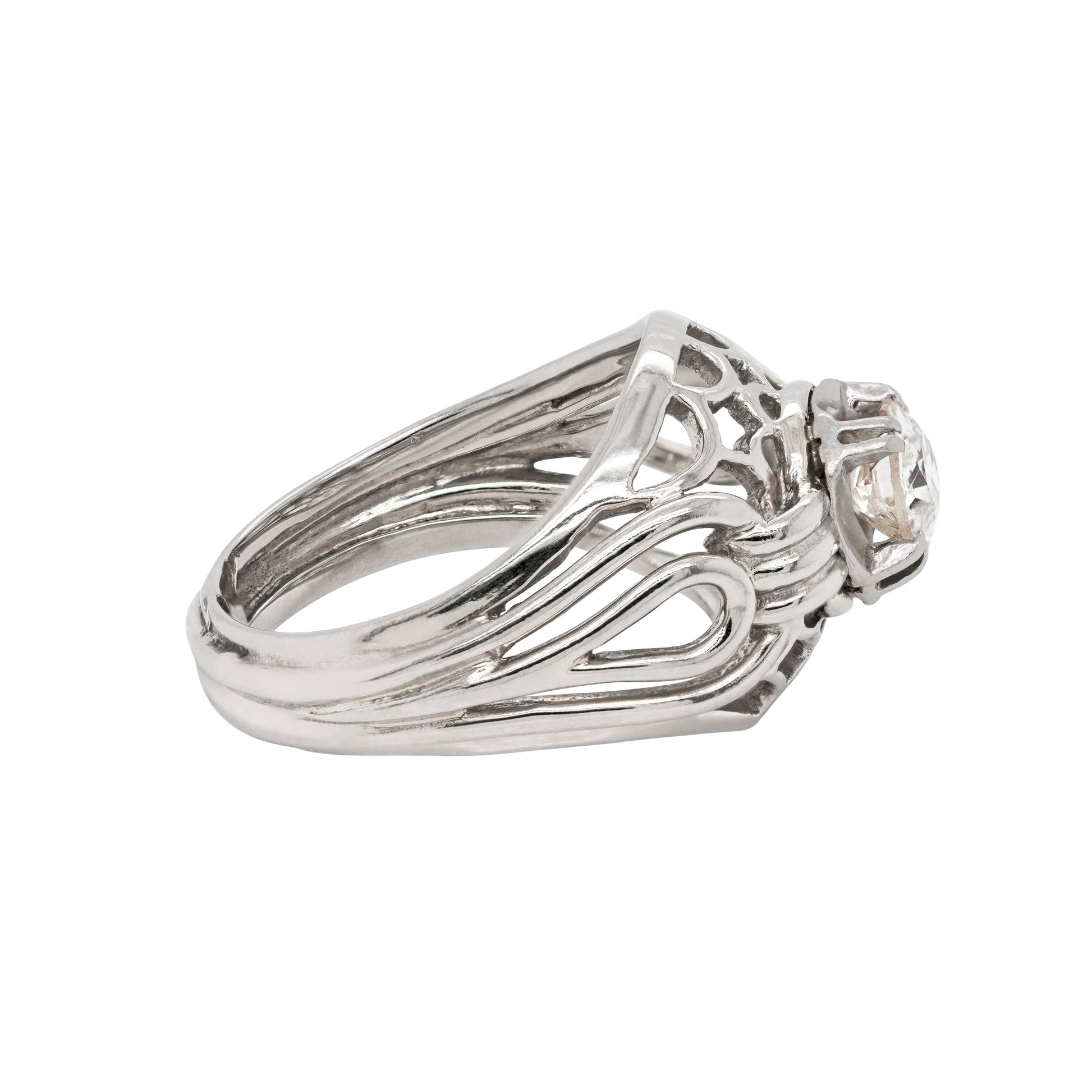 Vintage Old Cut Diamond 18 Carat White Gold Open Work Dome Cocktail Ring, Circa 1950 - Tobi Gem Setting