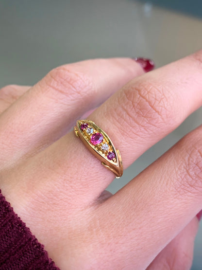 Antique Ruby and Old Cut Diamond 18 Carat Yellow Gold Five-Stone Ring, 1911