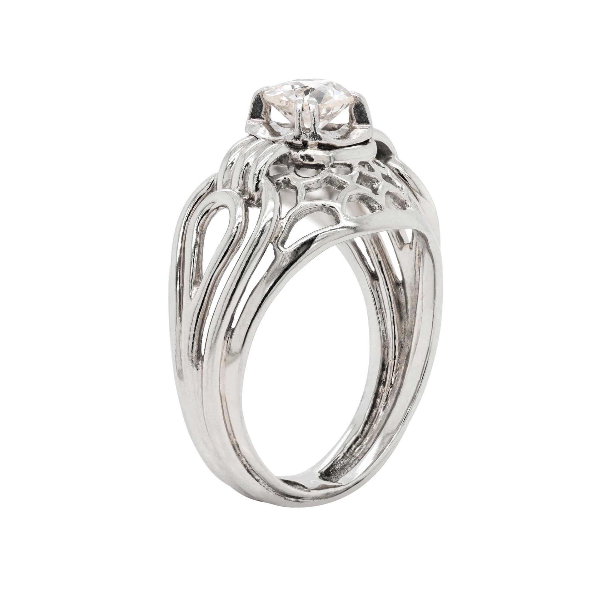 Vintage Old Cut Diamond 18 Carat White Gold Open Work Dome Cocktail Ring, Circa 1950 - Tobi Gem Setting