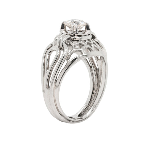 Vintage Old Cut Diamond 18 Carat White Gold Open Work Dome Cocktail Ring, Circa 1950