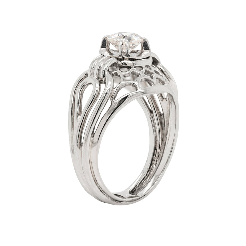 Vintage Old Cut Diamond 18 Carat White Gold Open Work Dome Cocktail Ring, Circa 1950