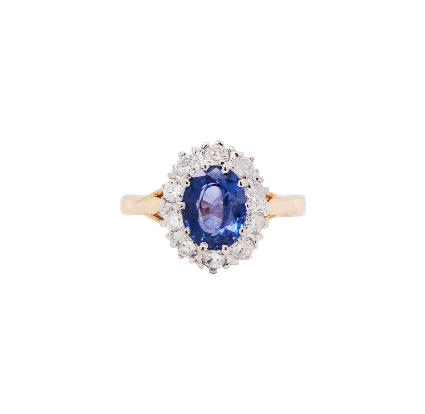 Oval Blue Sapphire and Diamond Halo 18K Gold Coronet Cluster Engagement Ring