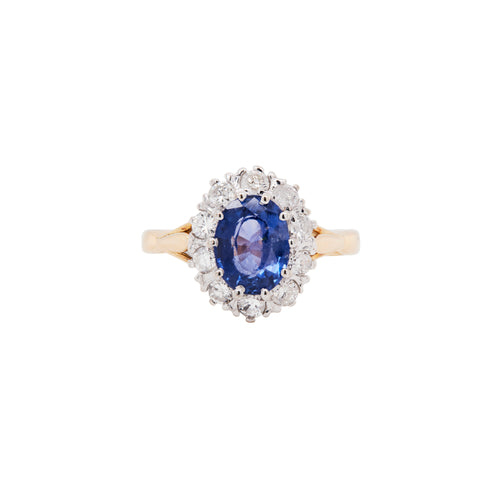 Oval Blue Sapphire and Diamond Halo 18K Gold Coronet Cluster Engagement Ring