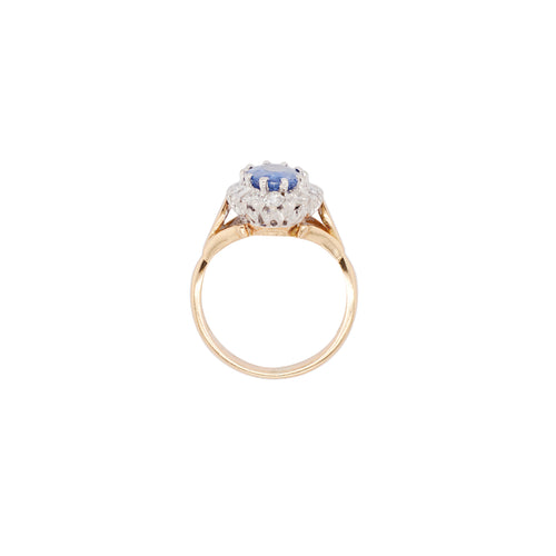 Oval Blue Sapphire and Diamond Halo 18K Gold Coronet Cluster Engagement Ring