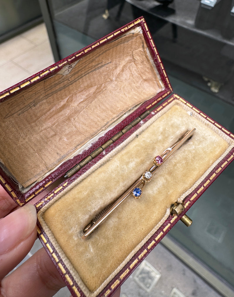 Antique Diamond, Sapphire & Ruby 9 Carat Rose Gold Bar Brooch, c.1910