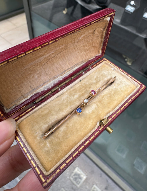 Antique Diamond, Sapphire & Ruby 9 Carat Rose Gold Bar Brooch, c.1910