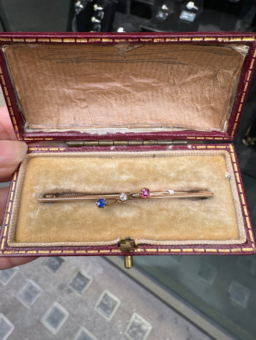Antique Diamond, Sapphire & Ruby 9 Carat Rose Gold Bar Brooch, c.1910