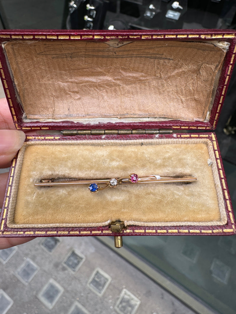 Antique Diamond, Sapphire & Ruby 9 Carat Rose Gold Bar Brooch, c.1910