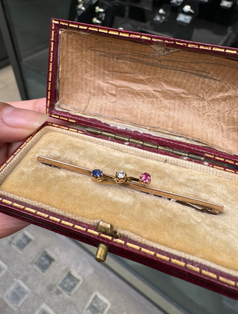 Antique Diamond, Sapphire & Ruby 9 Carat Rose Gold Bar Brooch, c.1910