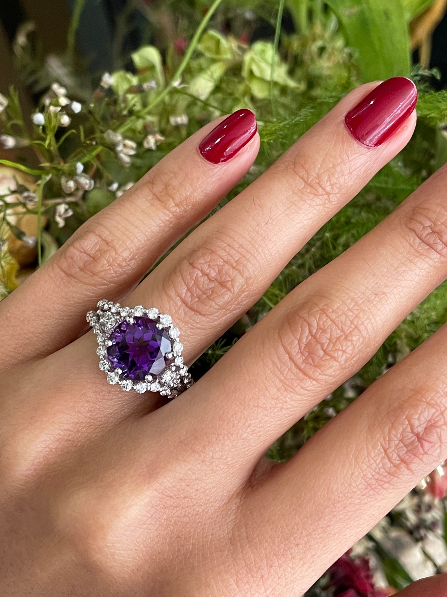 Amethyst and Diamond 18 Carat White Gold Cluster Ring