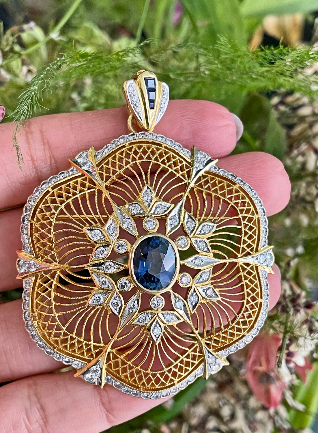 Vintage Floral Openwork Sapphire and Diamond 18 Carat Gold Brooch