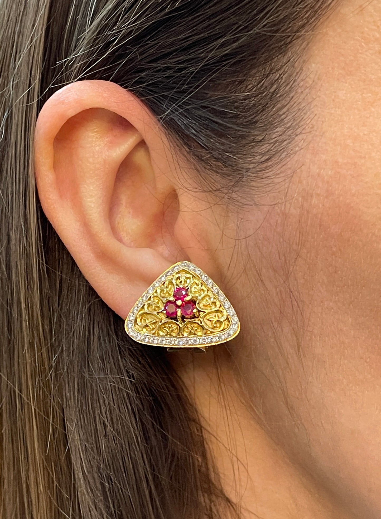 Ruby and Diamond 18 Carat Yellow Gold Triangular Earrings