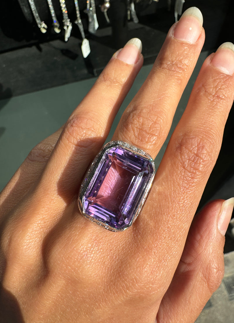 Amethyst and Diamond 18 Carat White Gold Large Cocktail Ring