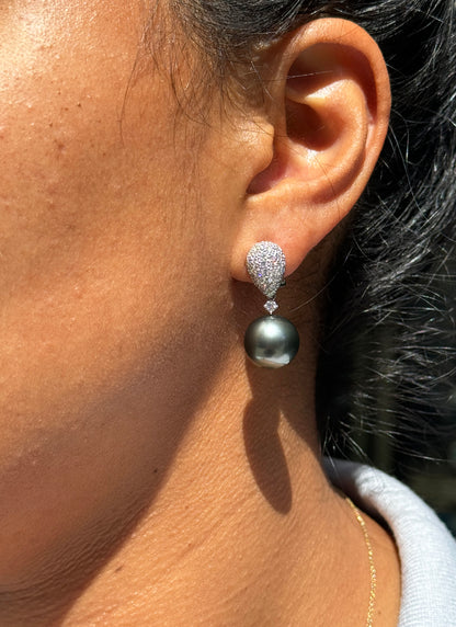 Black Pearl and Diamond 18 Carat White Gold Detachable Drop Earrings