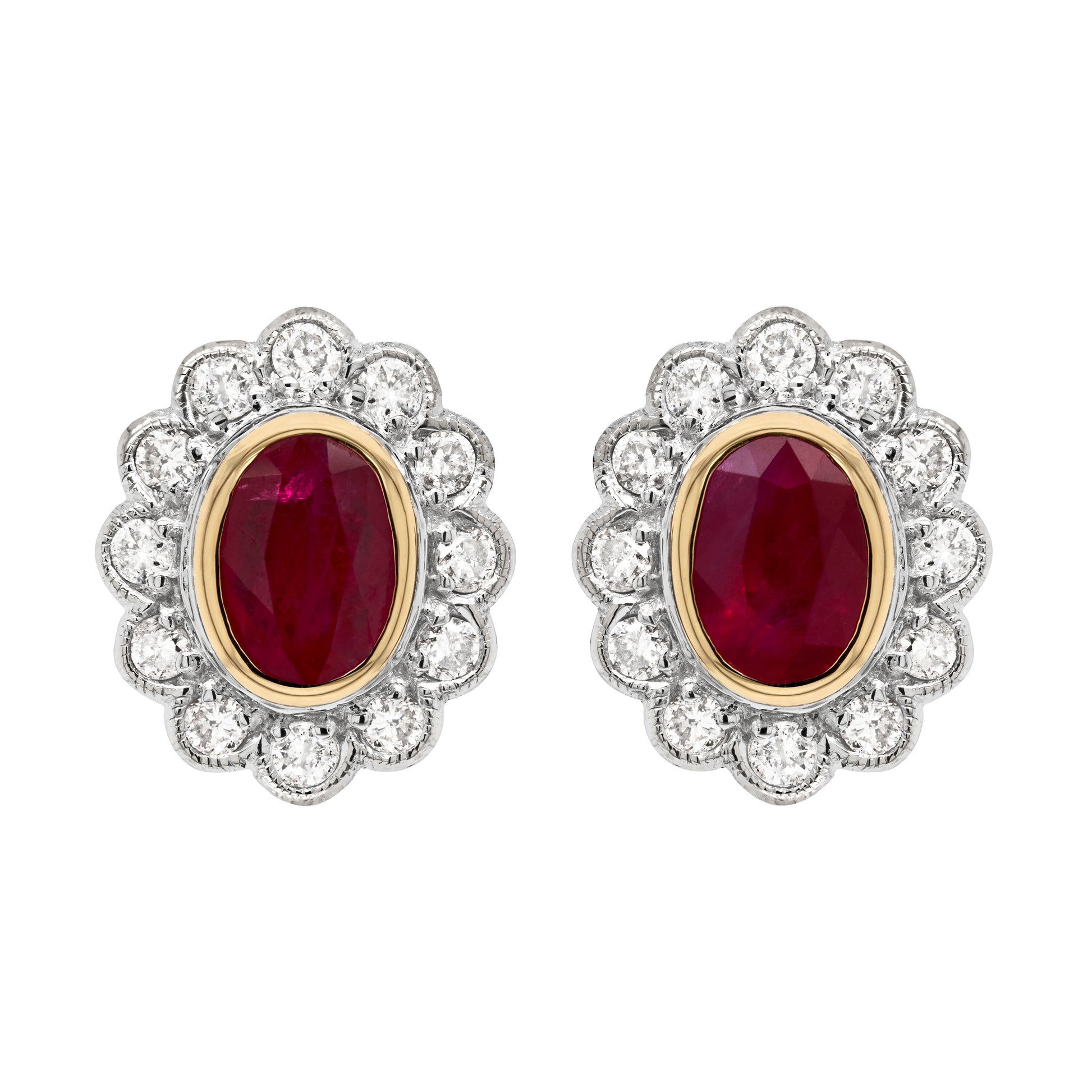 1.94 Carat Ruby and Diamond 18 Carat White and Yellow Gold Cluster Stud Earrings - Tobi Gem Setting