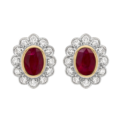 1.94 Carat Ruby and Diamond 18 Carat White and Yellow Gold Cluster Stud Earrings - Tobi Gem Setting