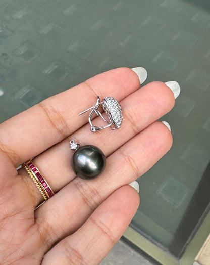 Black Pearl and Diamond 18 Carat White Gold Detachable Drop Earrings