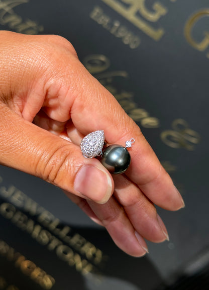 Black Pearl and Diamond 18 Carat White Gold Detachable Drop Earrings