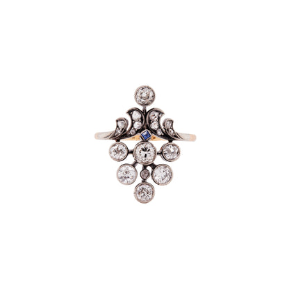 Edwardian Old Cut Diamond & Sapphire Silver on 18K Gold Cluster Cocktail Ring