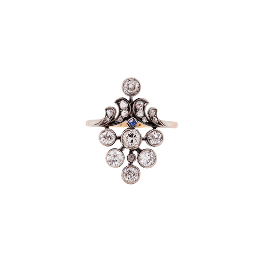 Edwardian Old Cut Diamond & Sapphire Silver on 18K Gold Cluster Cocktail Ring