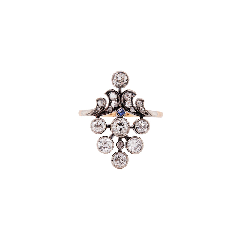 Edwardian Old Cut Diamond & Sapphire Silver on 18K Gold Cluster Cocktail Ring