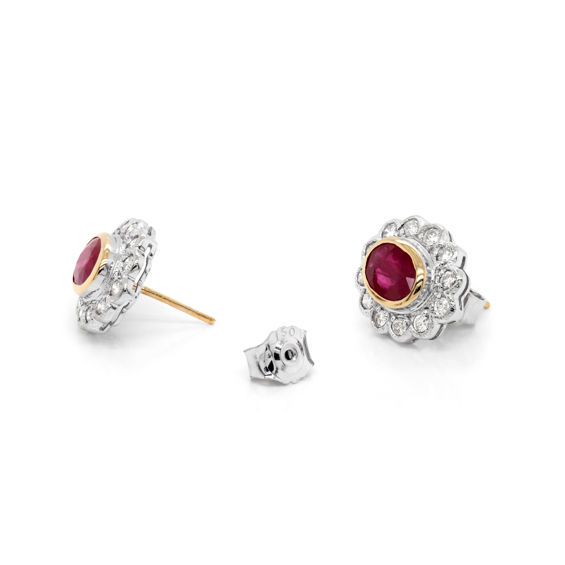 1.94 Carat Ruby and Diamond 18 Carat White and Yellow Gold Cluster Stud Earrings - Tobi Gem Setting