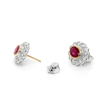 1.94 Carat Ruby and Diamond 18 Carat White and Yellow Gold Cluster Stud Earrings - Tobi Gem Setting
