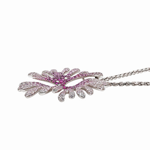 Pink and White Sapphire and Diamond 18 Carat Gold Coral Pendant and Chain