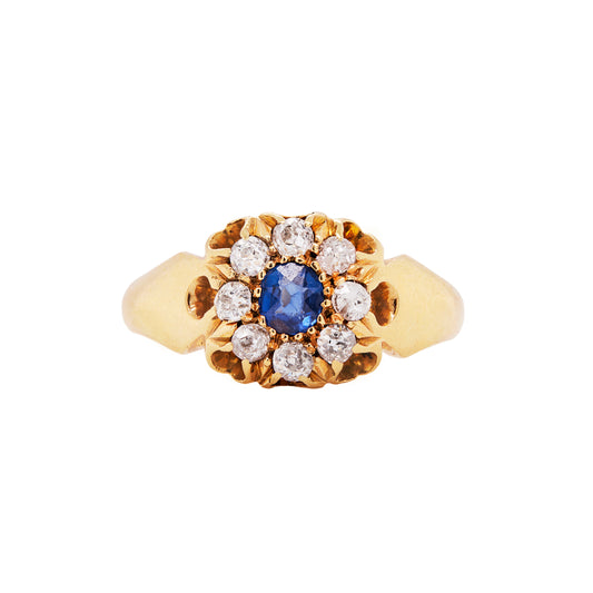 Mid-Victorian Sapphire & Diamond 18 Carat Yellow Gold Antique Cluster Ring, 1876