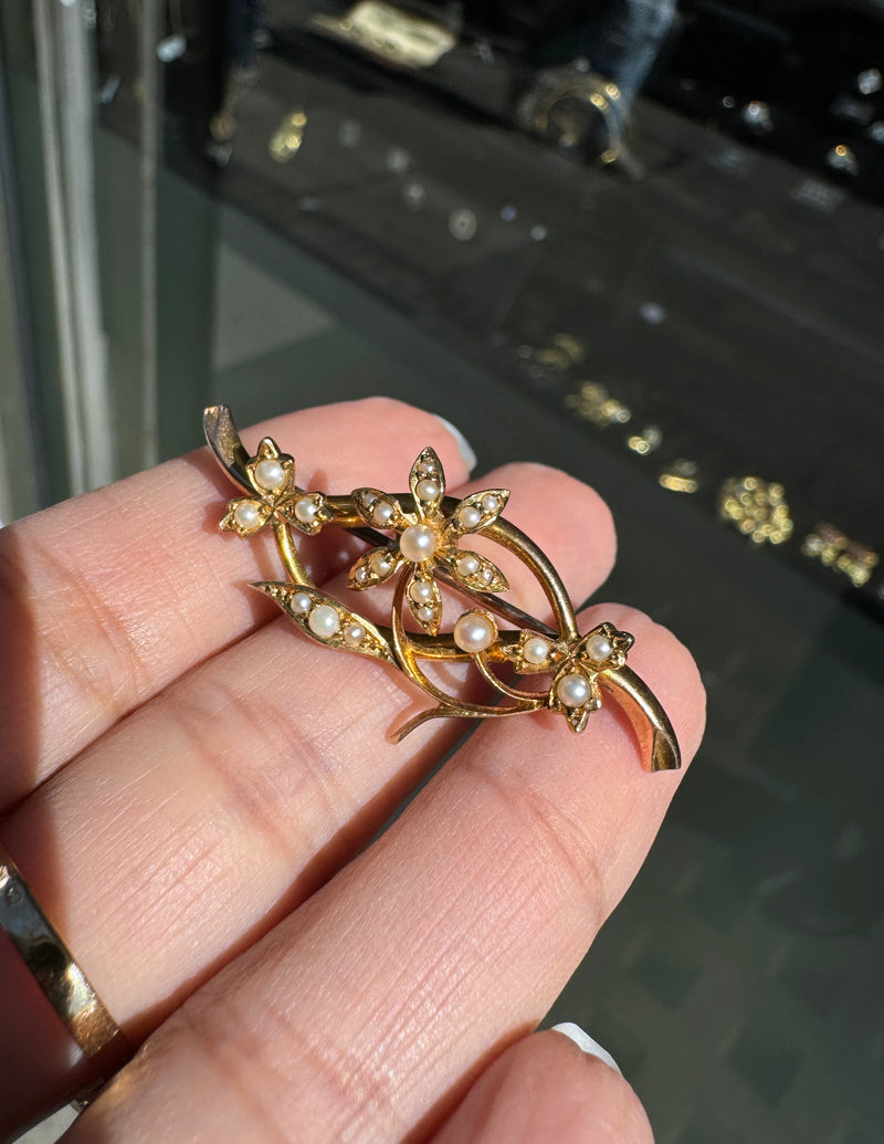 Antique Seed Pearl and 15 Carat Yellow Gold Flower Vine Brooch