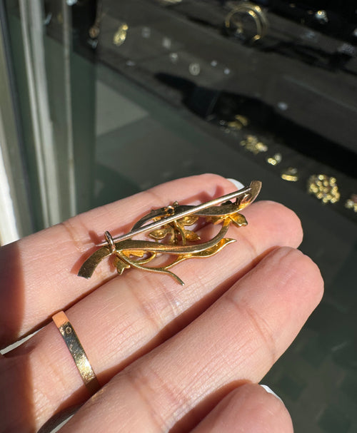 Antique Seed Pearl and 15 Carat Yellow Gold Flower Vine Brooch