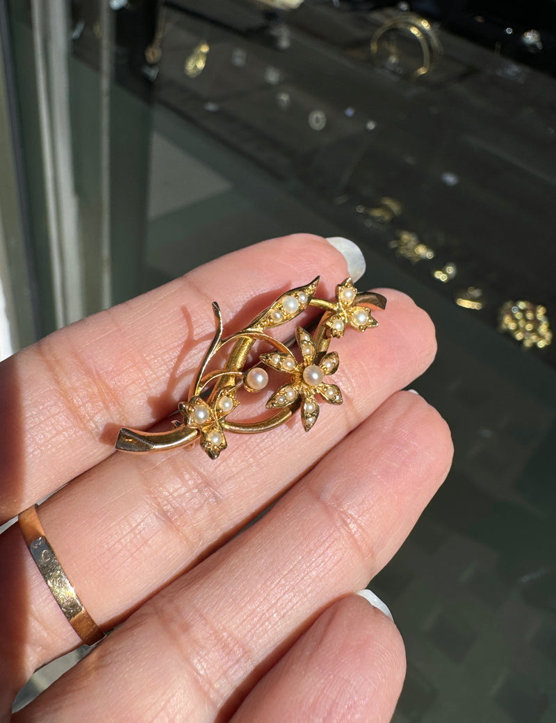 Antique Seed Pearl and 15 Carat Yellow Gold Flower Vine Brooch