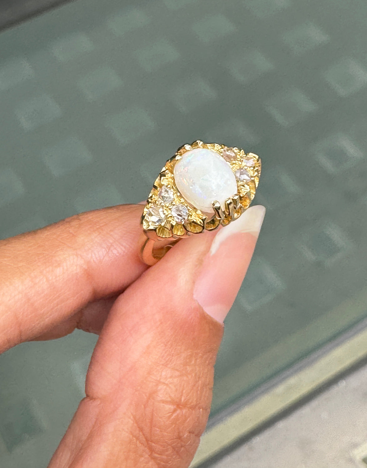 Opal and Old Cut Diamond 18 Carat Yellow Gold Navette Cluster Ring