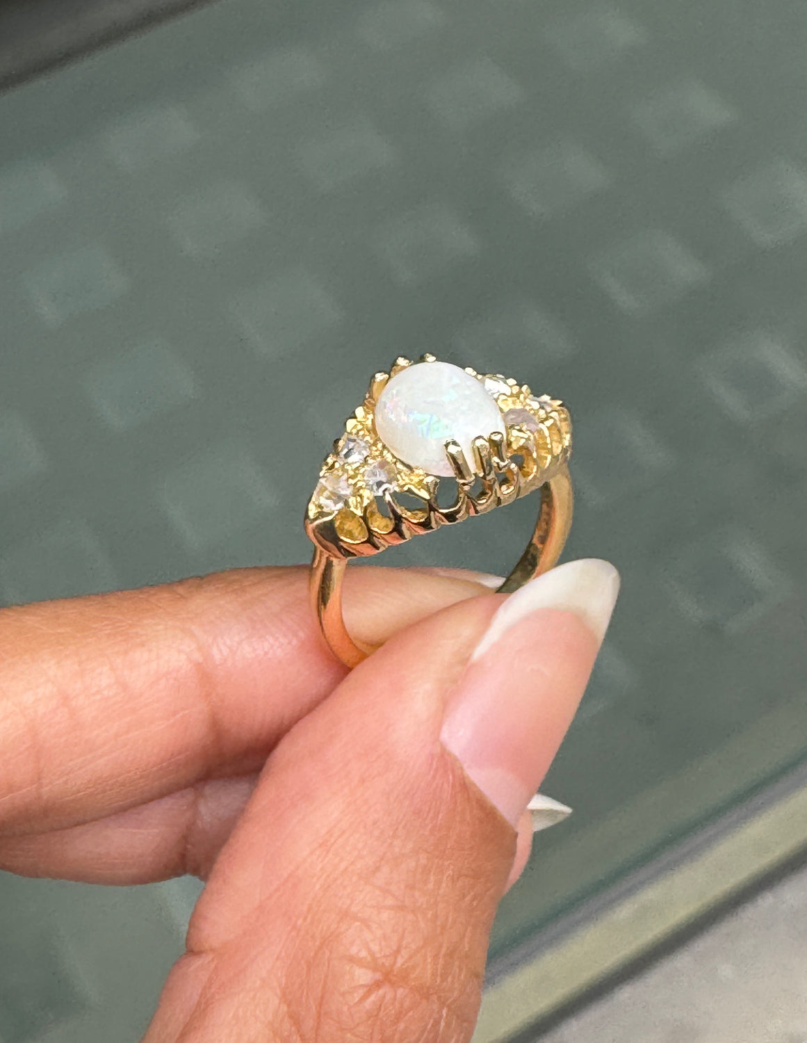 Opal and Old Cut Diamond 18 Carat Yellow Gold Navette Cluster Ring