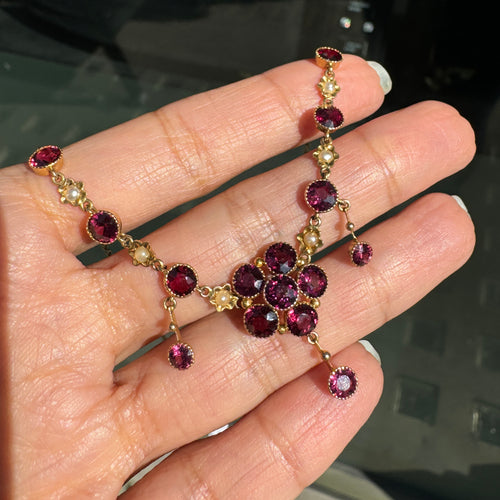 Murrle Bennett Antique Rose Garnet & Seed Pearl Bohemian 9K Yellow Gold Drop Necklace, c.1900s