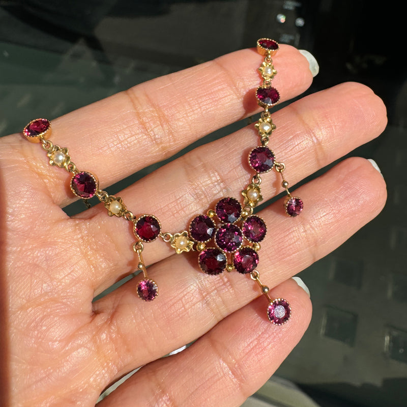 Murrle Bennett Antique Rose Garnet & Seed Pearl Bohemian 9K Yellow Gold Drop Necklace, c.1900s