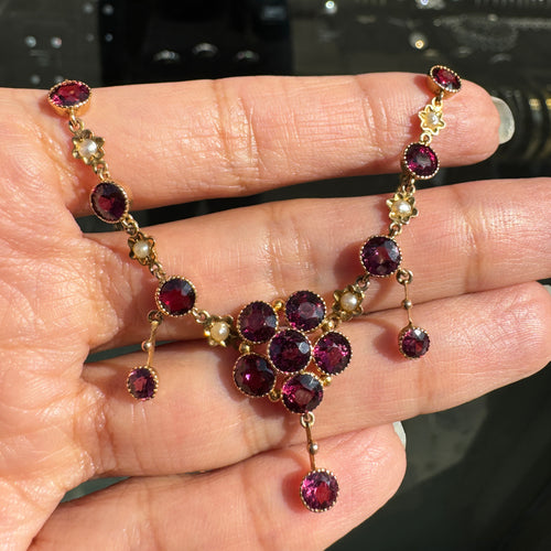 Murrle Bennett Antique Rose Garnet & Seed Pearl Bohemian 9K Yellow Gold Drop Necklace, c.1900s