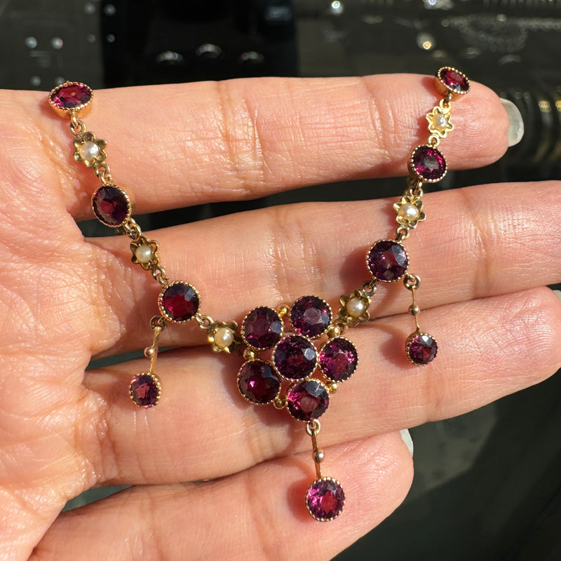 Murrle Bennett Antique Rose Garnet & Seed Pearl Bohemian 9K Yellow Gold Drop Necklace, c.1900s